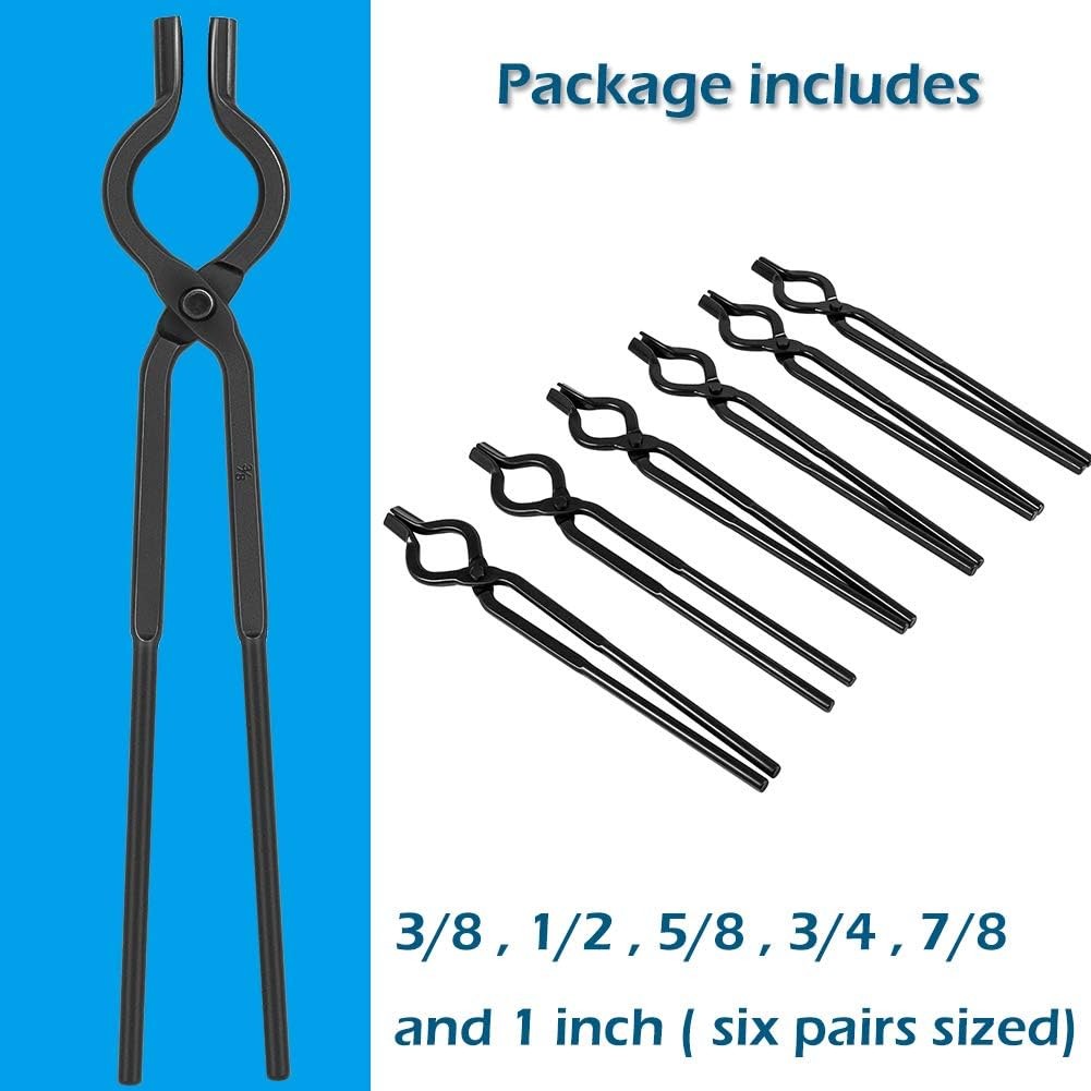 6Pcs Blacksmith V-Bolt Tongs Set 3/8″ 1/2″ 5/8″ 3/4″ 7/8″ 1″ Anvil Forge Tongs