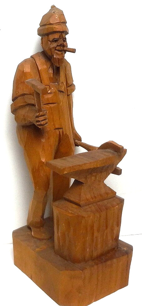 e1900 HAND CARVED wooden BLACK SMITH forger DETAILED figurine 8″ STATUE-TOP COND