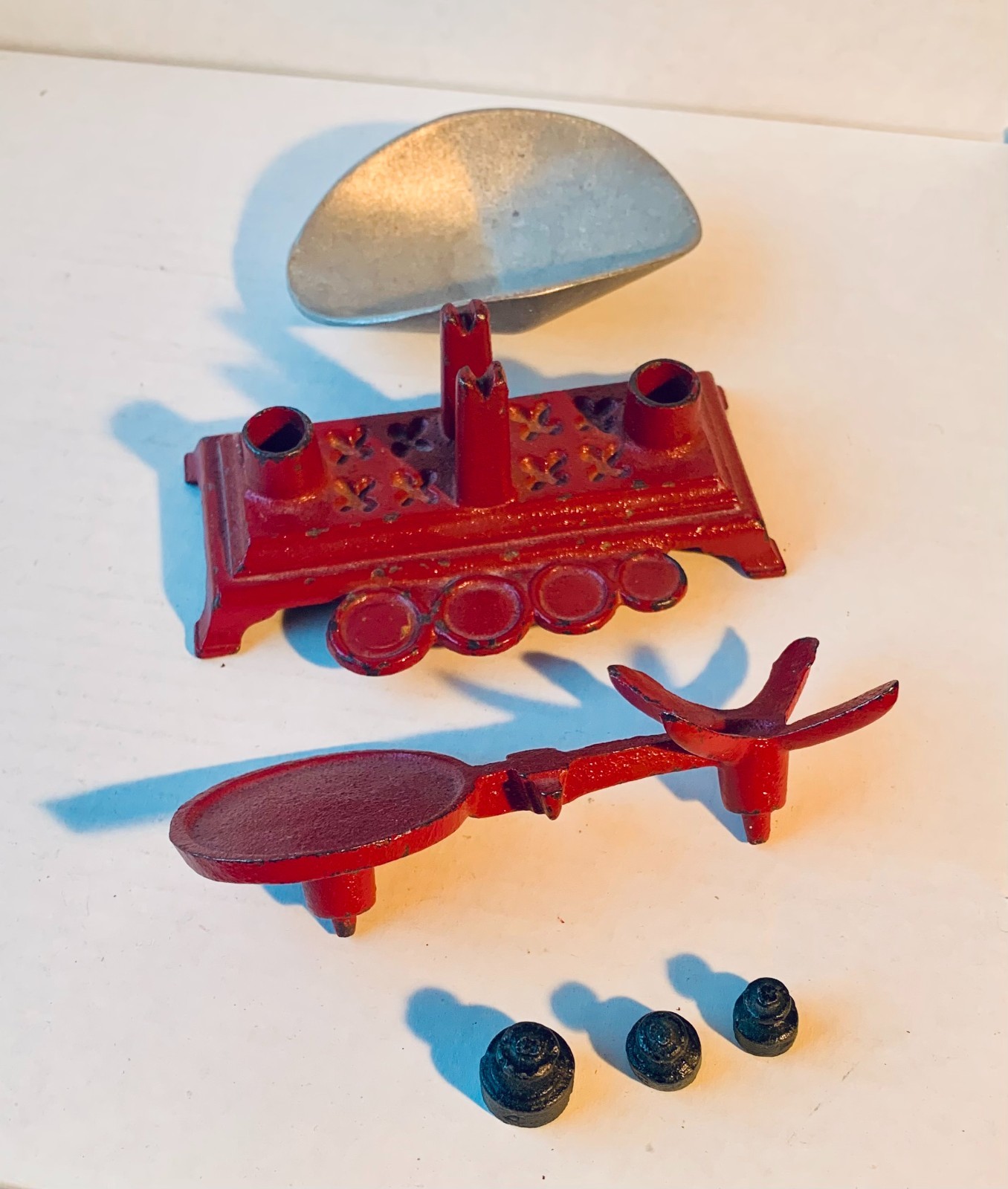 Vintage Miniature Red Cast Iron Kitchen Balance Scale W/ Weights