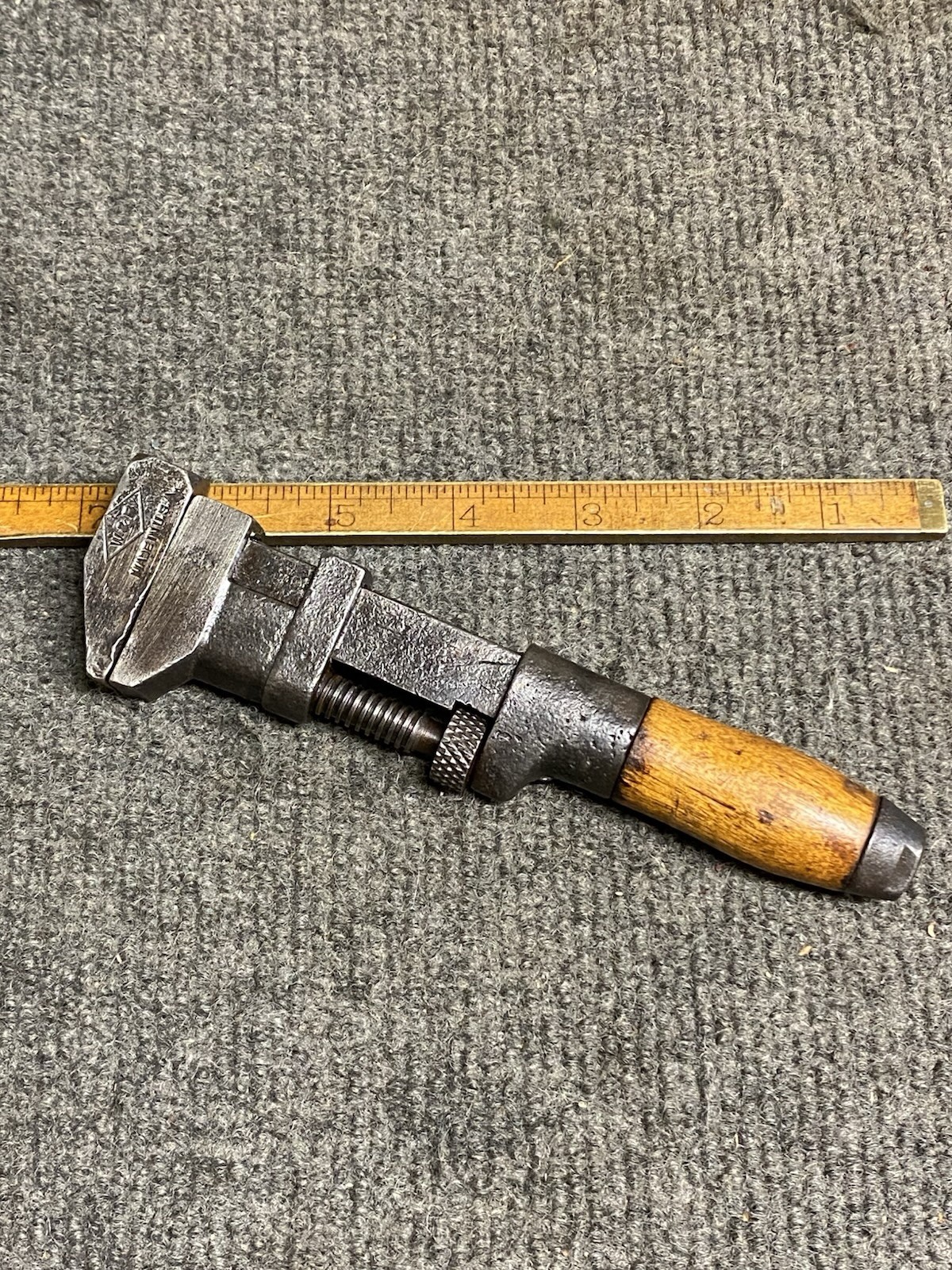 Antique W & B 6-1/2” Adjustable Wrench With Wooden Handle Opens 1” USA