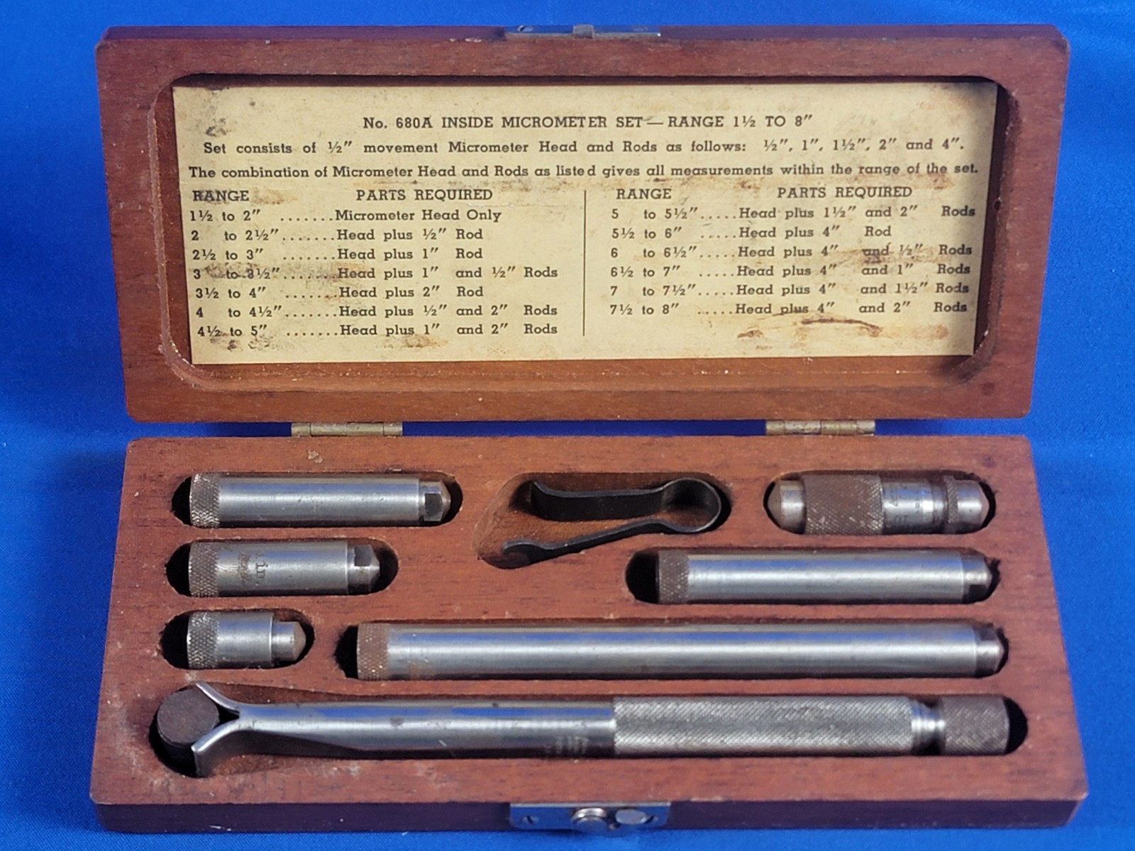 Vintage Lufkin Rule No.680A Inside Micrometer Set Range 1-1/2″ To 8″ & Wood Case