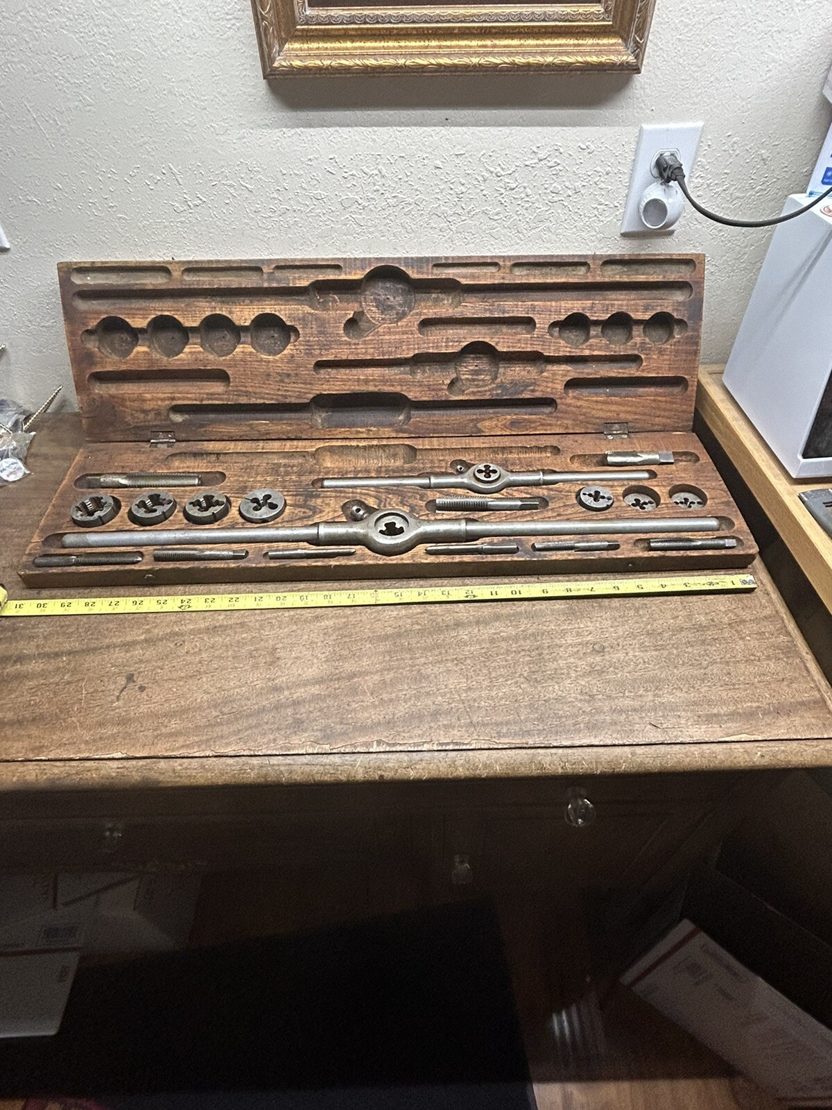 Antique Champion Blower and Forge Co Tap & Die Set Wooden Box ~ Missing Some
