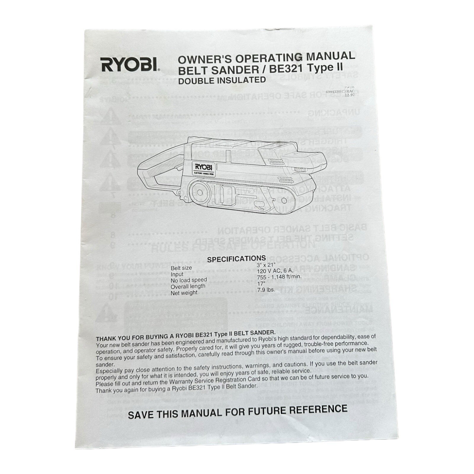 Ryobi Belt Sander BE321 Type II Owner’s Operating Manual Instructions OEM 3″x21″