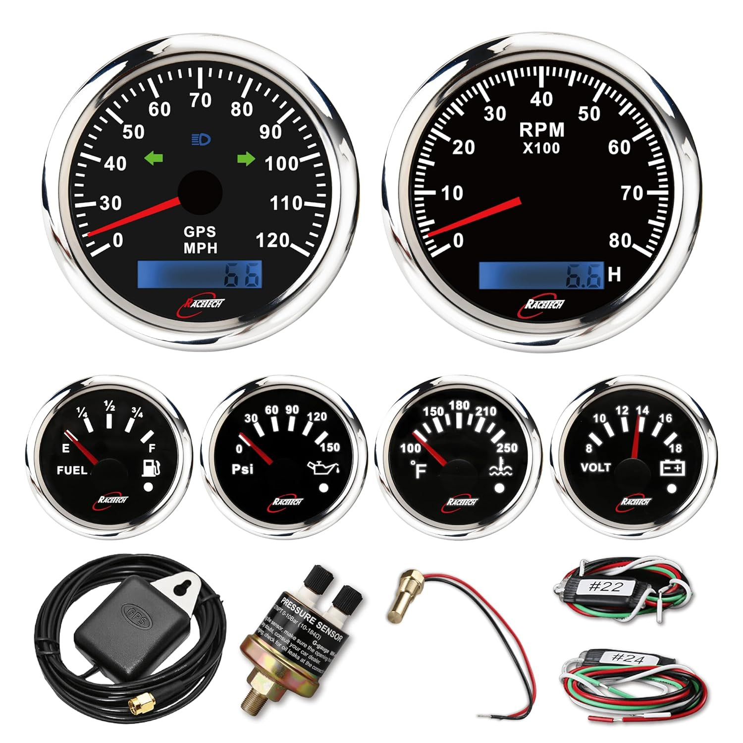 6 Gauge Instrument Set – 85Mm (3-3/8″) Speedometer 120 MPH Indicators & Tachomet