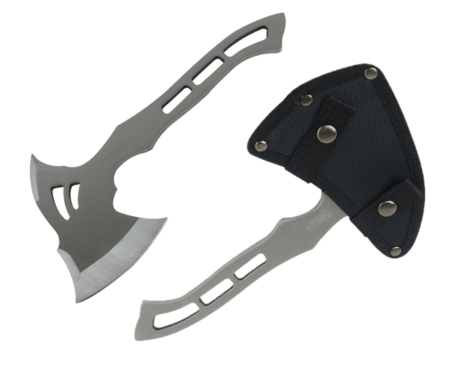 DEFENDER SOLID STAINLESS Skeleton Handle Hatchet Axe w/ Sharp Head & Sheath