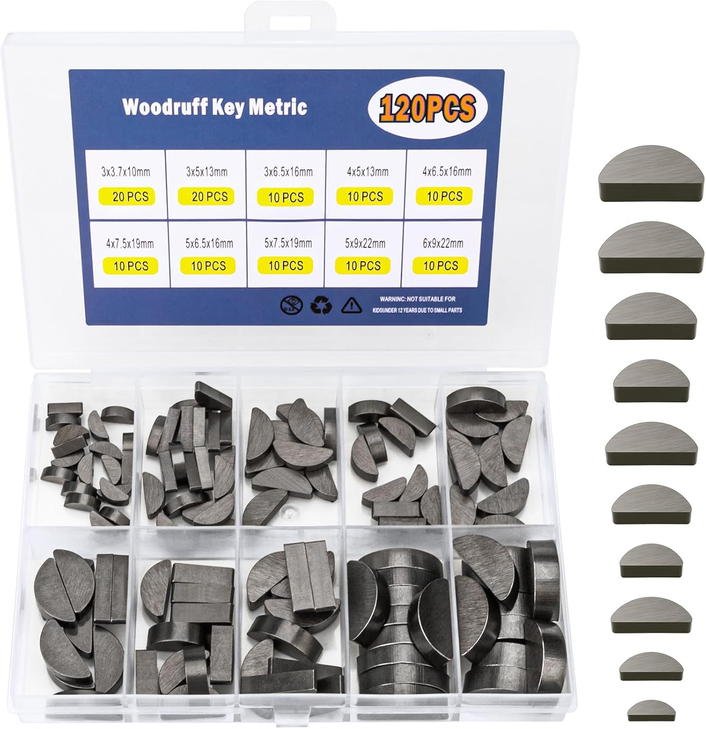 120Pcs Woodruff Key Assortment Kit, 10 Popular Sizes of Half Moon Keys, Keyway