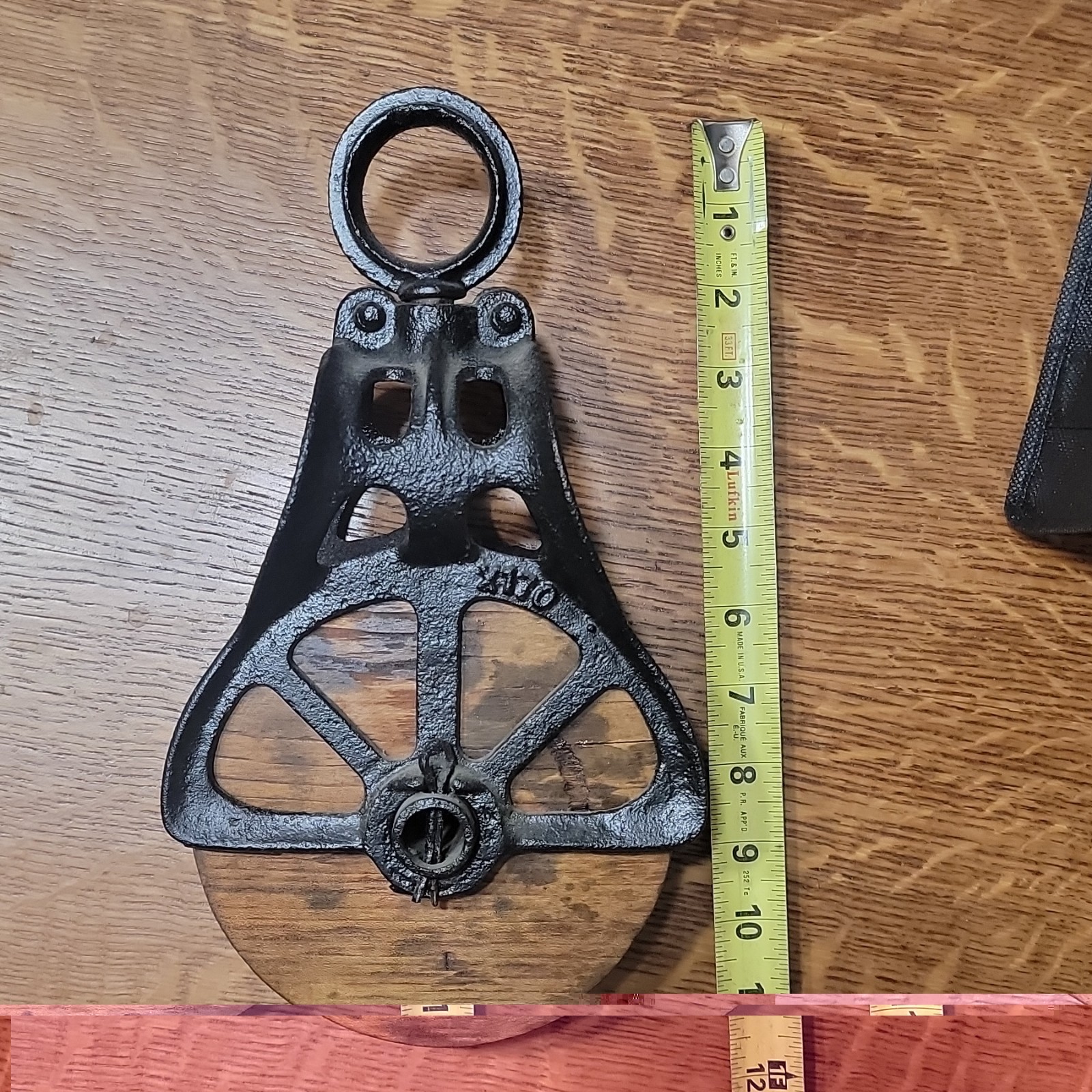 Antique Cast Iron & Wood Single Pulley Block Tackle w/ Hook Eye, 11 in