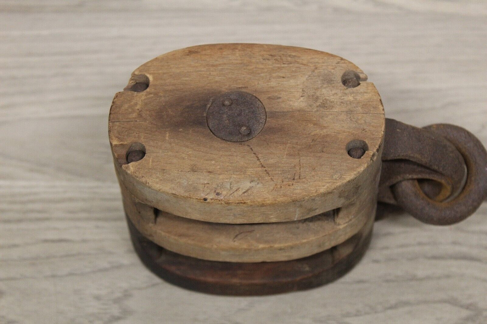 Antique/Vintage Wood Pulley Block 2 Sheave Brand Illegible Very Solid
