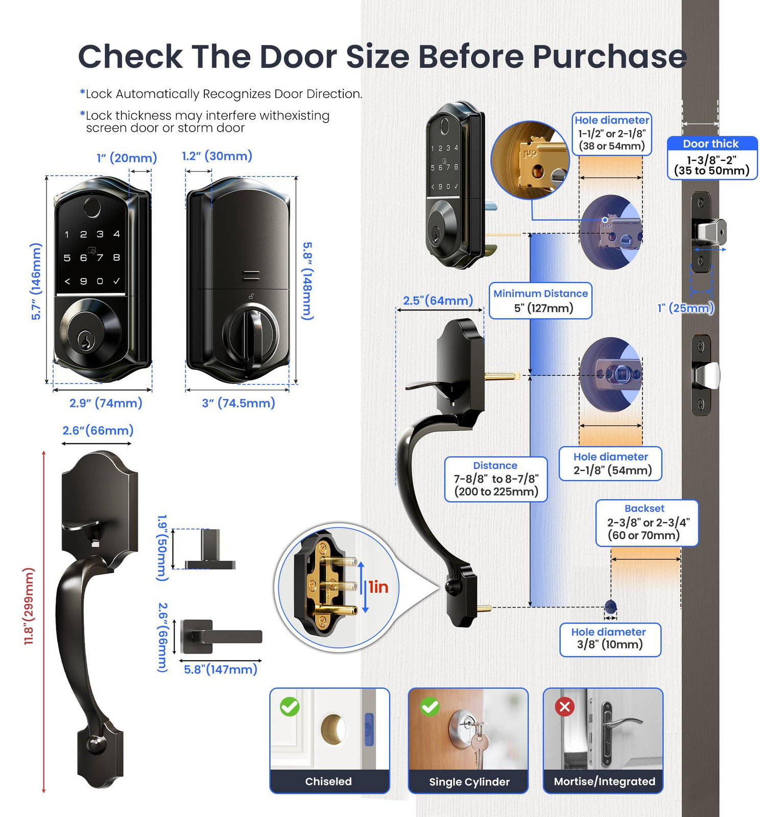 Veise VE017-H Fingerprint Smart Front Door Lock Set, App Control, Matte Black