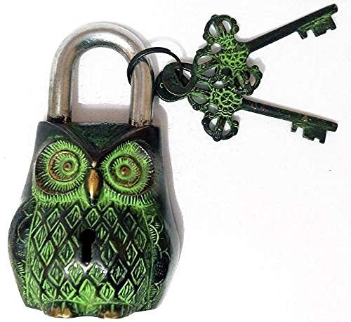 Handmade Brass Owl Lock Vintage Look with 2 Key and Decorative Use Green