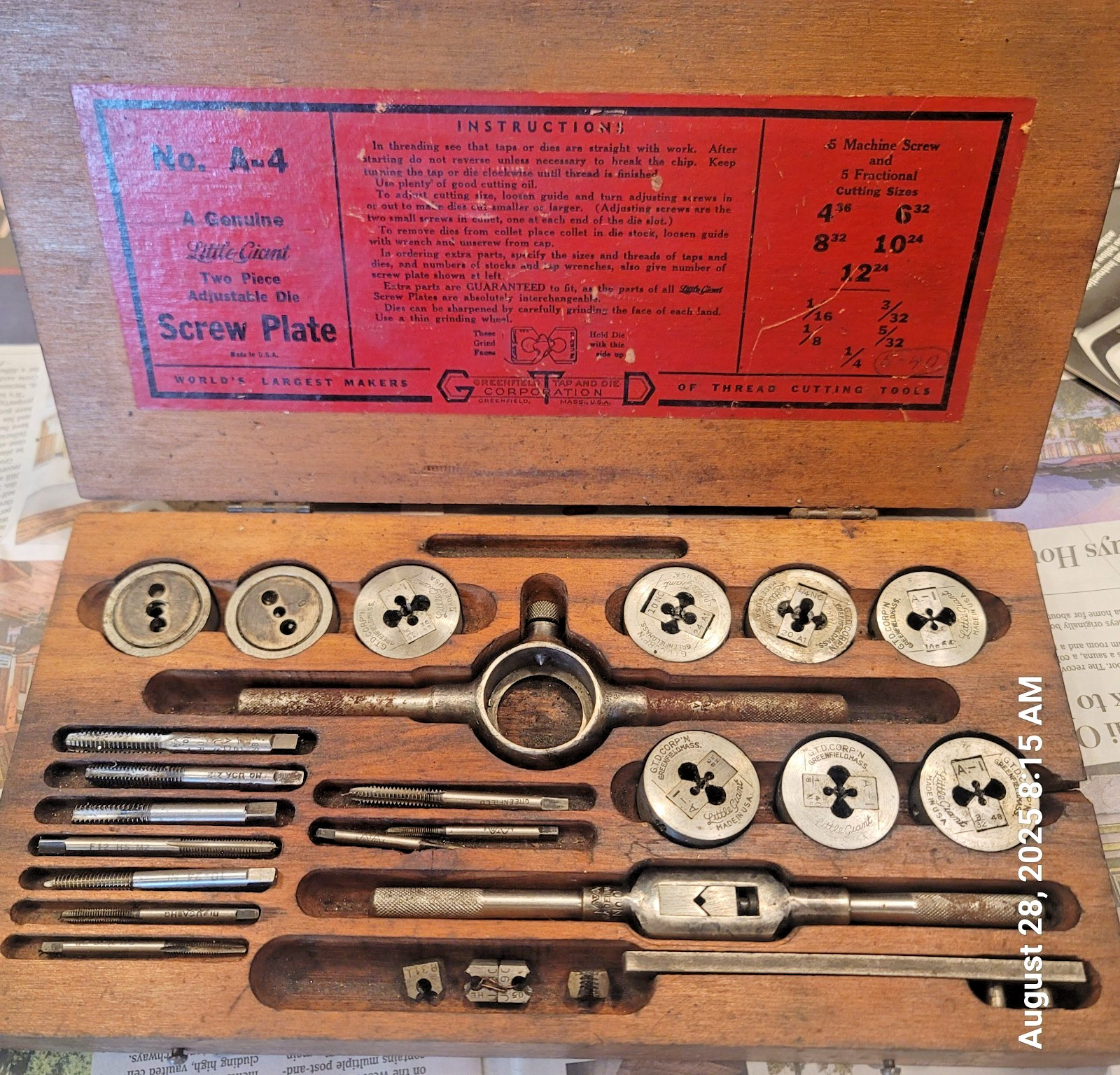 Vintage Greenfield Little Giant Screw Plate No. A4 Tap & Die Set in Wooden Box