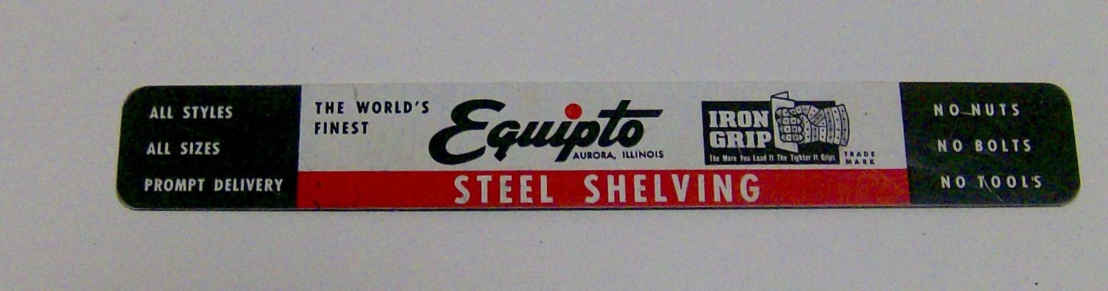 vintage 1970s EQUIPTO Iron Grip STEEL SHELVING advertising ruler AURORA Illinois