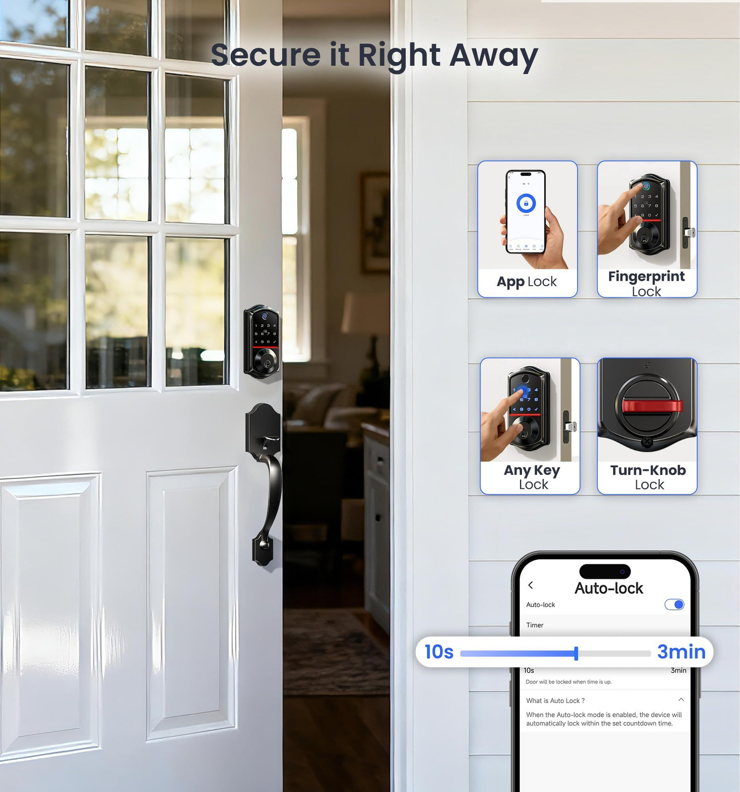 Veise VE017-H Fingerprint Smart Front Door Lock Set, App Control, Matte Black