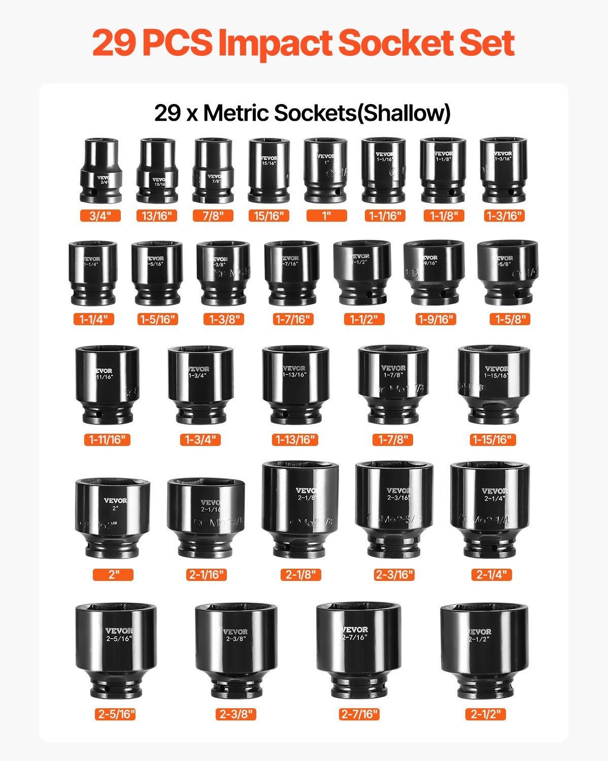 29 pcs 3/4in 6-point drive impact socket set sae sizes with storage cage