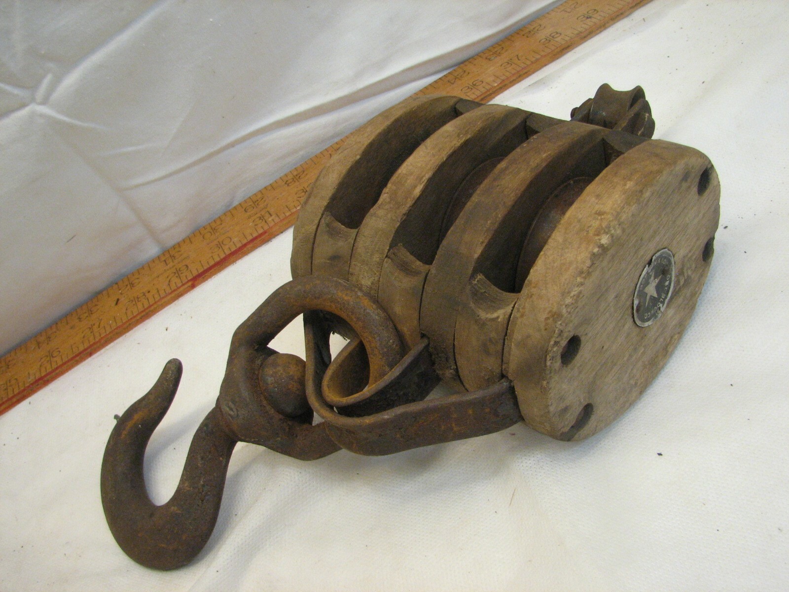 Wood Iron Star Logo Snatch Block Triple Pulley Farm Barn Tool Boston Lockport A