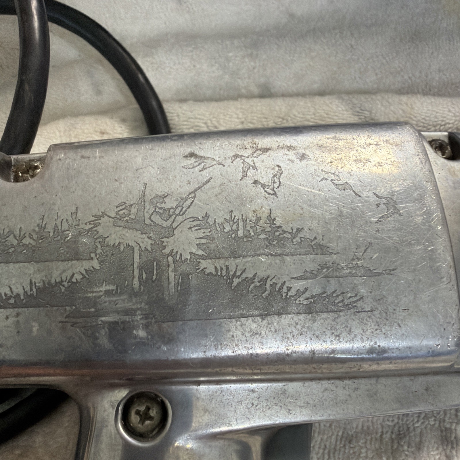 Vtg Montgomery Ward Powr-Kraft Drill Tool Etched Duck Hunting Scene Fly Fishing