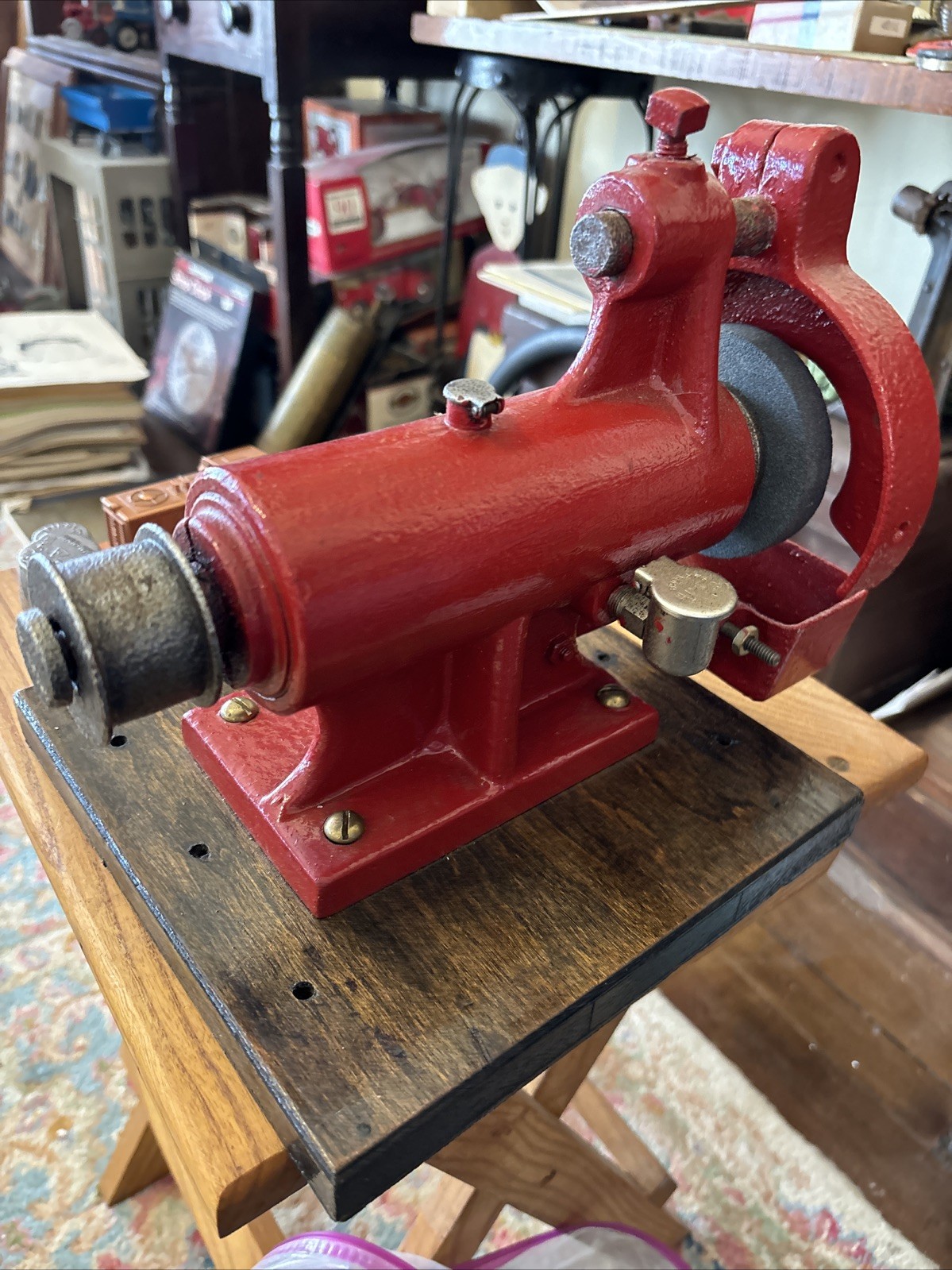 Antique vintage cast iron belt pulley driven bench tool grinder Made In The USA