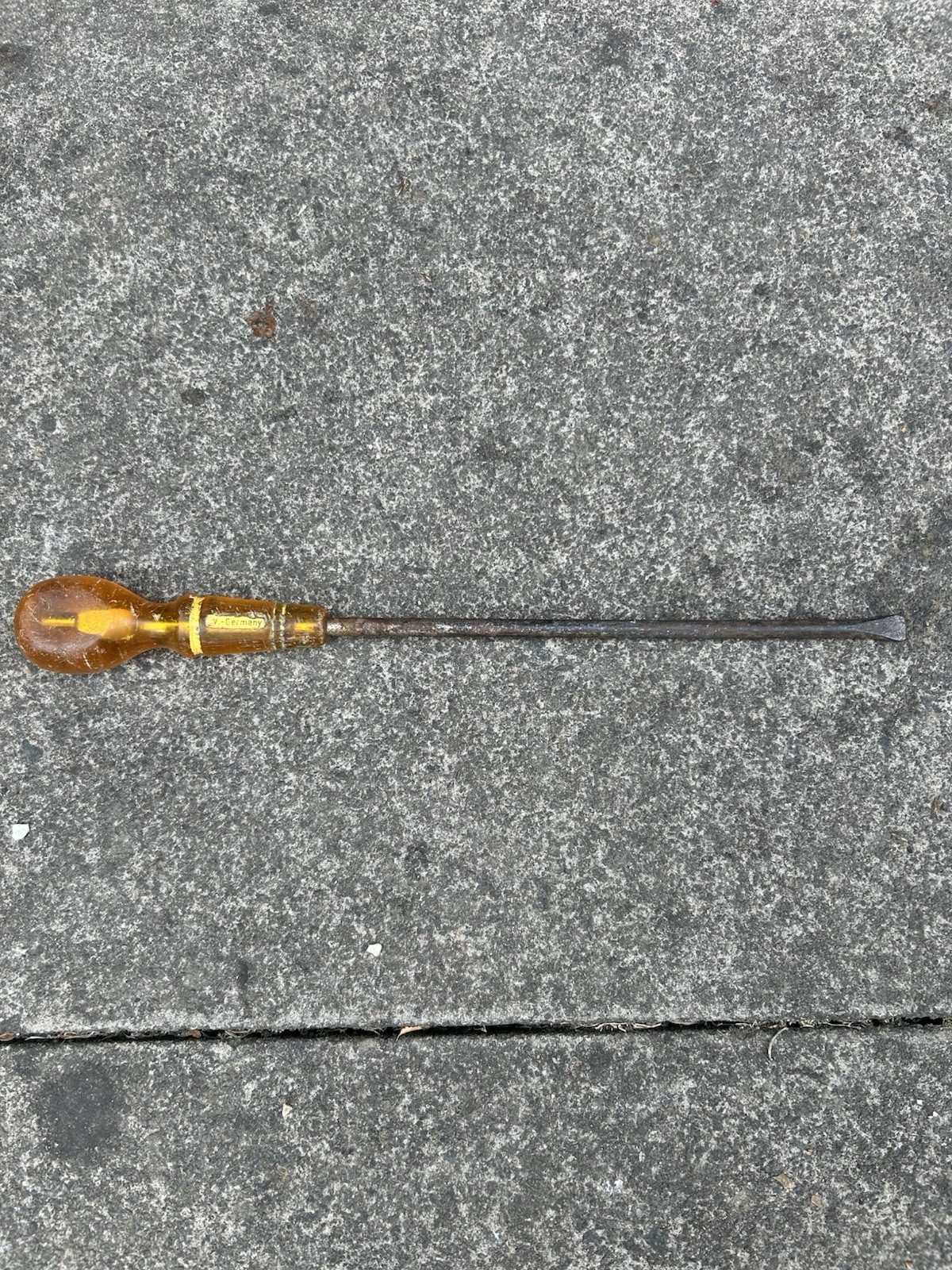 Vintage West Germany Long Flat Blade Screwdriver Amber Handle 15” Tool