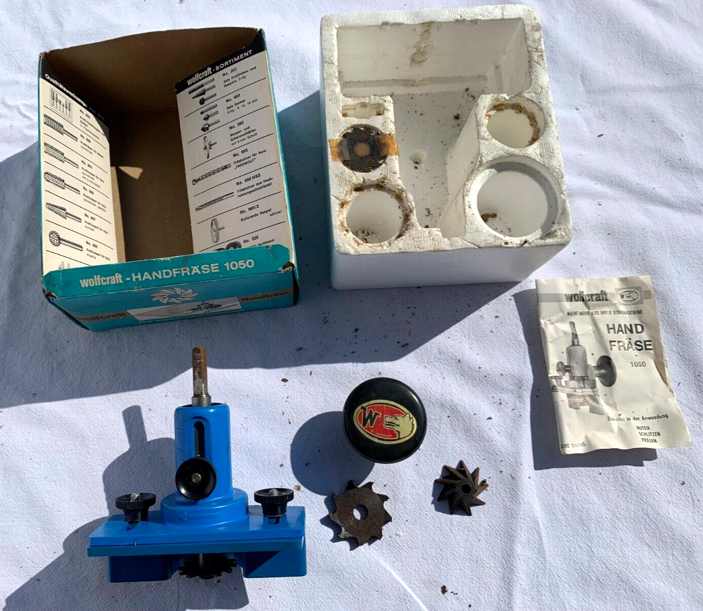 WOLFCRAFT HANDFRASE 1050 Hand Mill BOXED 1960’s Drill Attachment Tool & CUTTERS