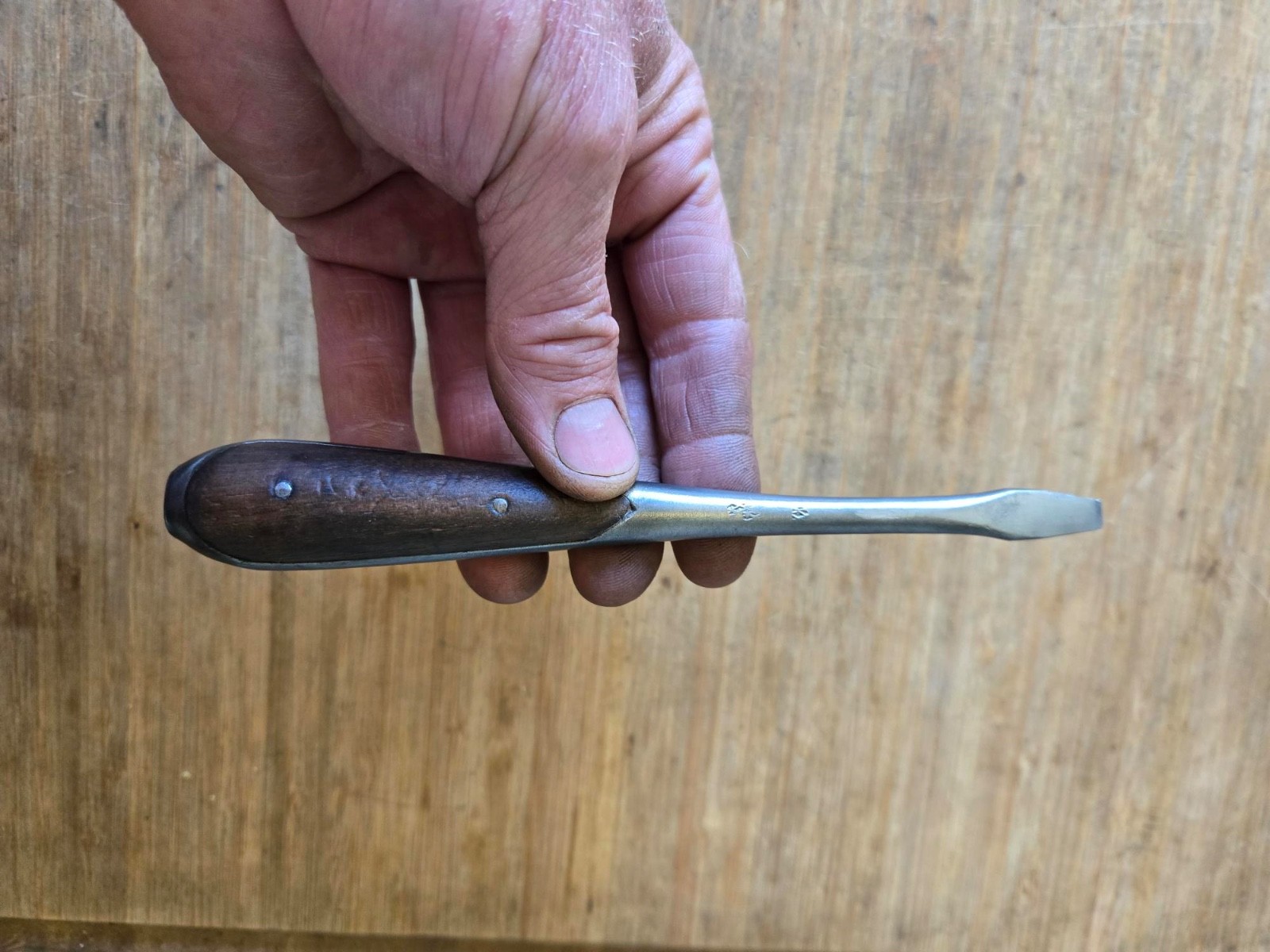 Antique German Split Wooden Handle Flat Head Screwdriver