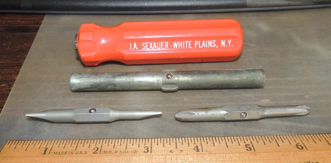 VINTAGE J.A. SEXAUER 4 IN 1 SCREWDRIVER, ORANGE HANDLE, WHITE PLAINS NY