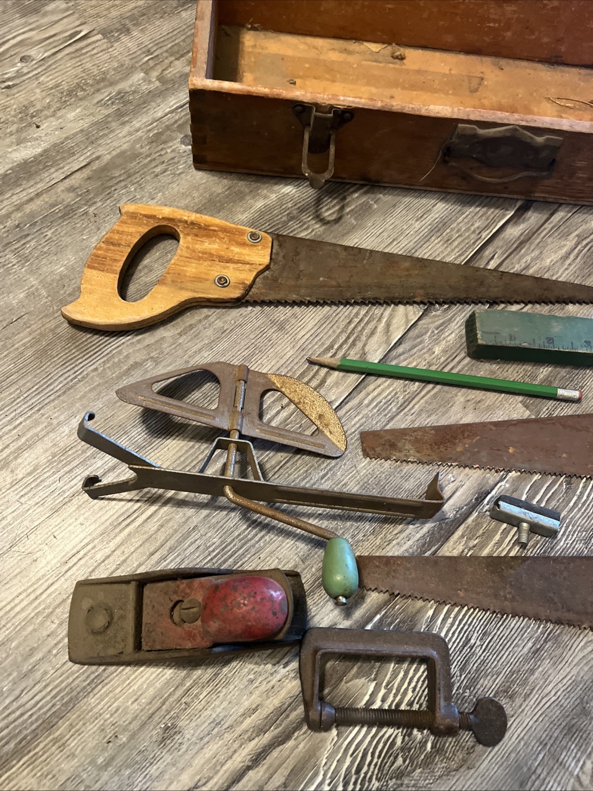 VINTAGE AMERICAN WOODEN TOOL CHEST WITH VARIOUS CHILDREN’S TOOLS