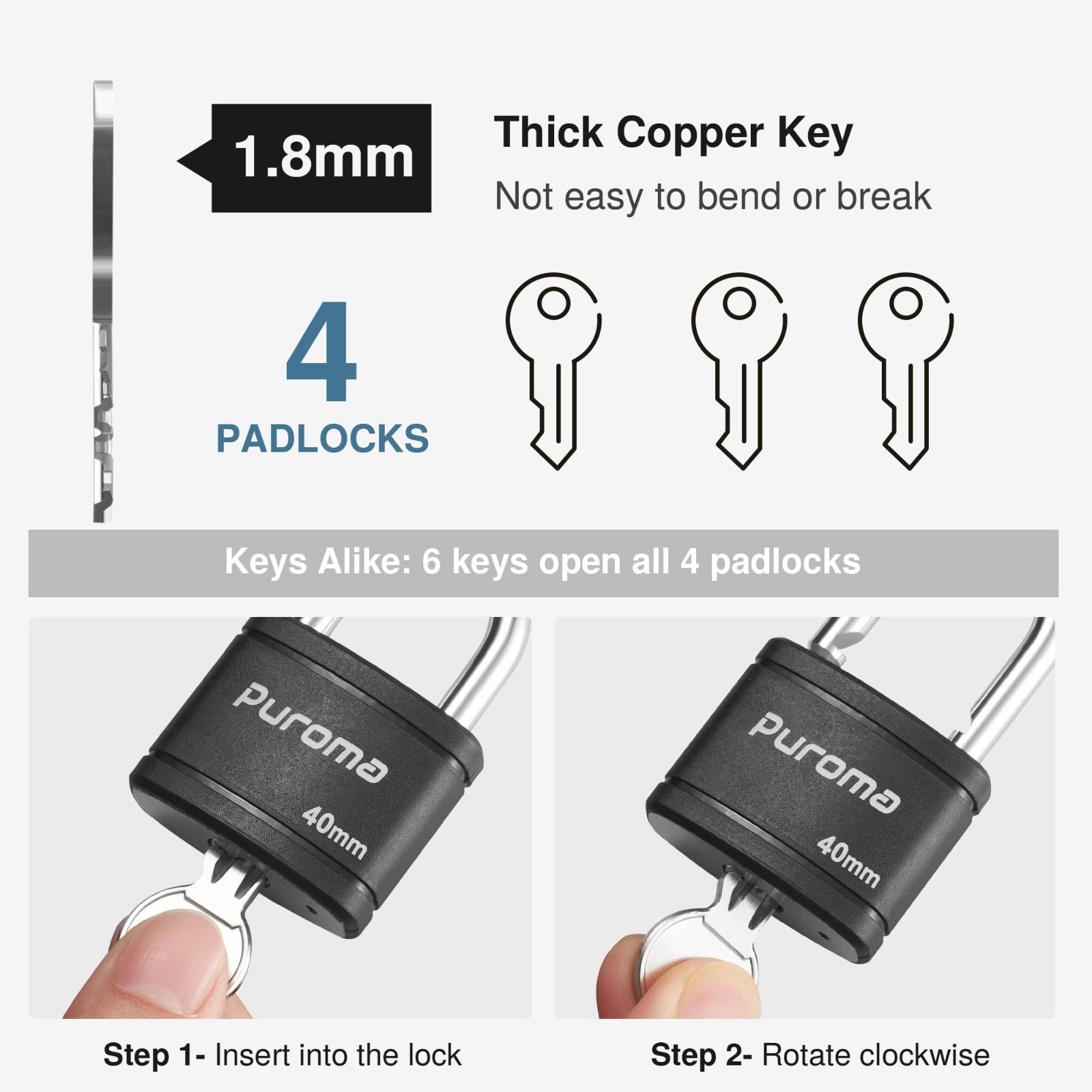 4 Pack Keyed Padlocks with 6 Alike Keys – 1.1″ Heavy-Duty Locker Locks for Gates