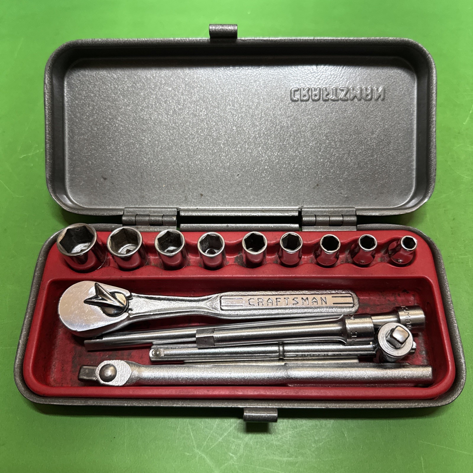 Vintage Craftsman =v= 1/4″ Drive Socket Set 9 Sockets Ratchet Breaker Bars Case