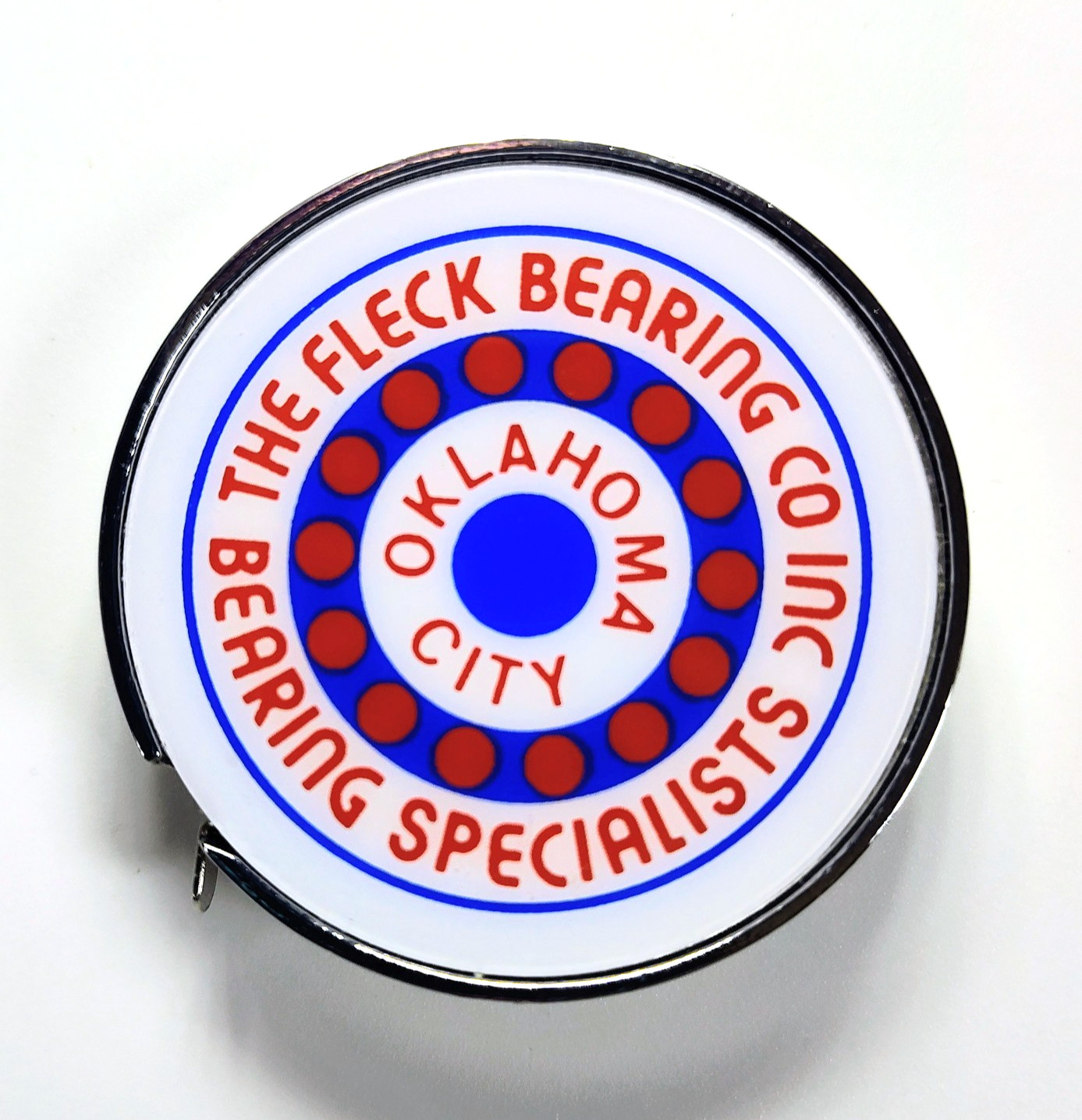 Vintage The Fleck Bearing Co Oklahoma City Round Pocket Tape Measure Advertising
