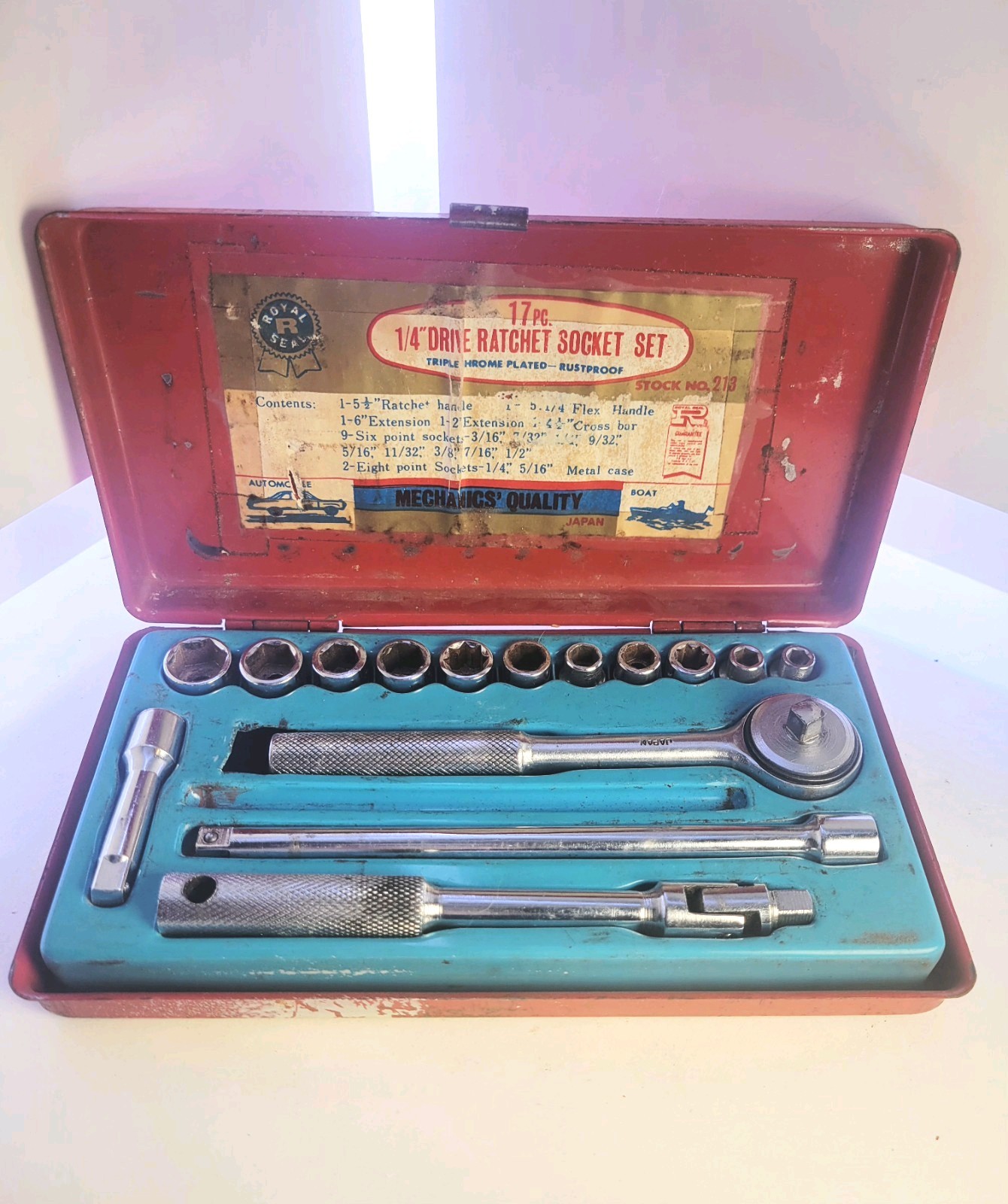 Vintage Royal Seal 17-Piece 1/4″ Drive Ratchet Socket Set Stock #213 Mf in Japan