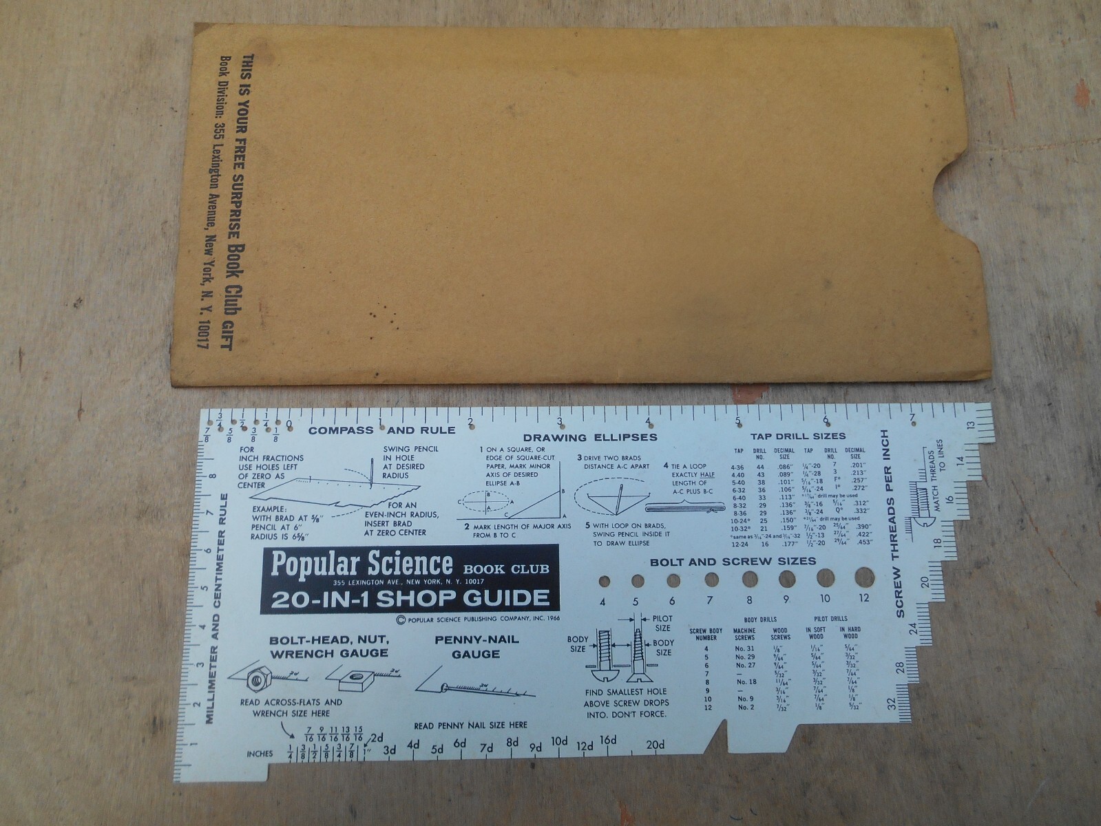VINTAGE POPULAR SCIENCE 20 IN 1 SHOP GUIDE COMPASS BOLT SCREW LUMBER MEASURE