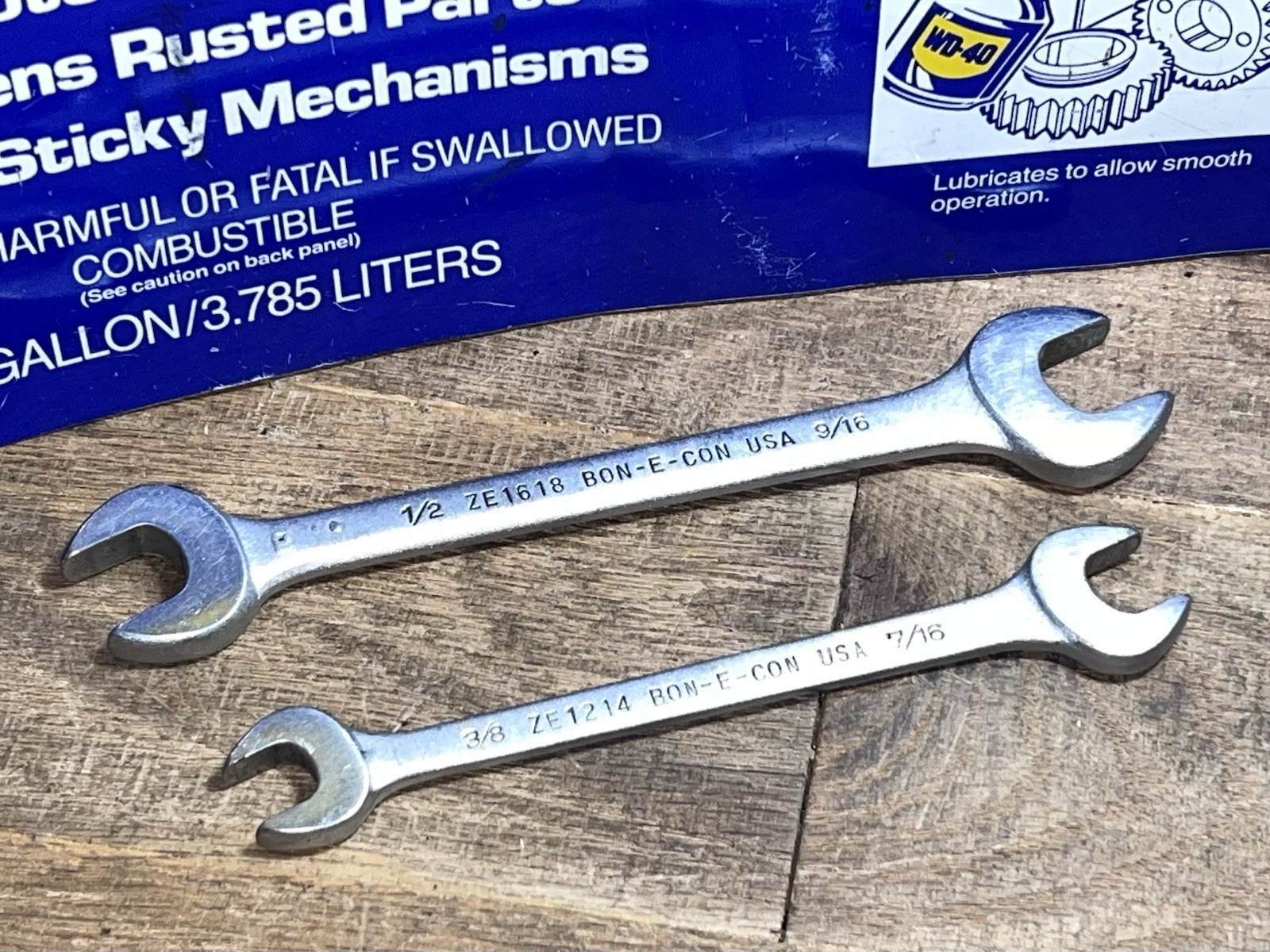 2-1950’S BON-E-CON ZE-CODE OPEN END WRENCHES 3/8″ X 7/16″ & 1/2″ X 9/16″ BONNEY
