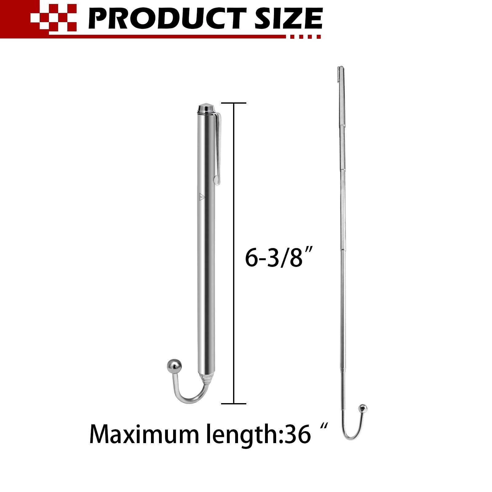 Telescoping Wire Reacher Pole, With Hook and Pocket Clip | 36 Inch Extended L…