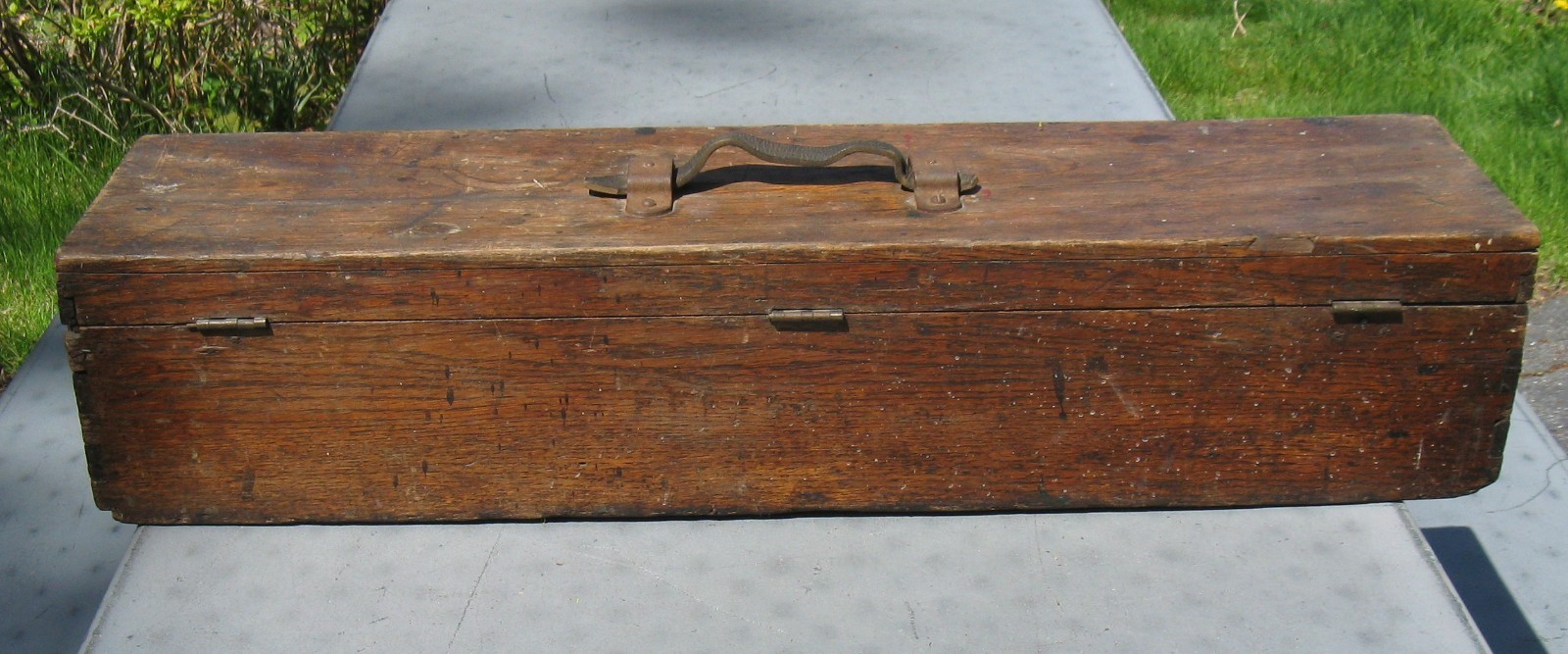 Antique Carpenters Box Wood Toolbox Brass Latch Leather Handle 32″ L