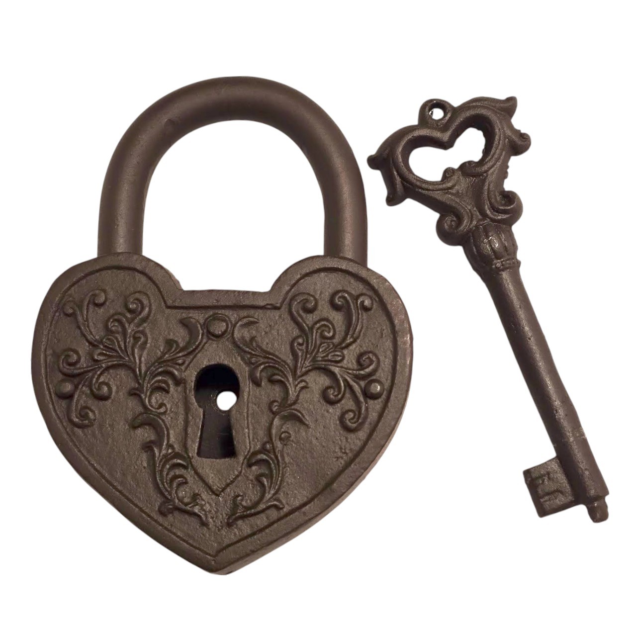 Vintage-Style Heart Padlock with Skeleton Key Cast Iron Lock Decor