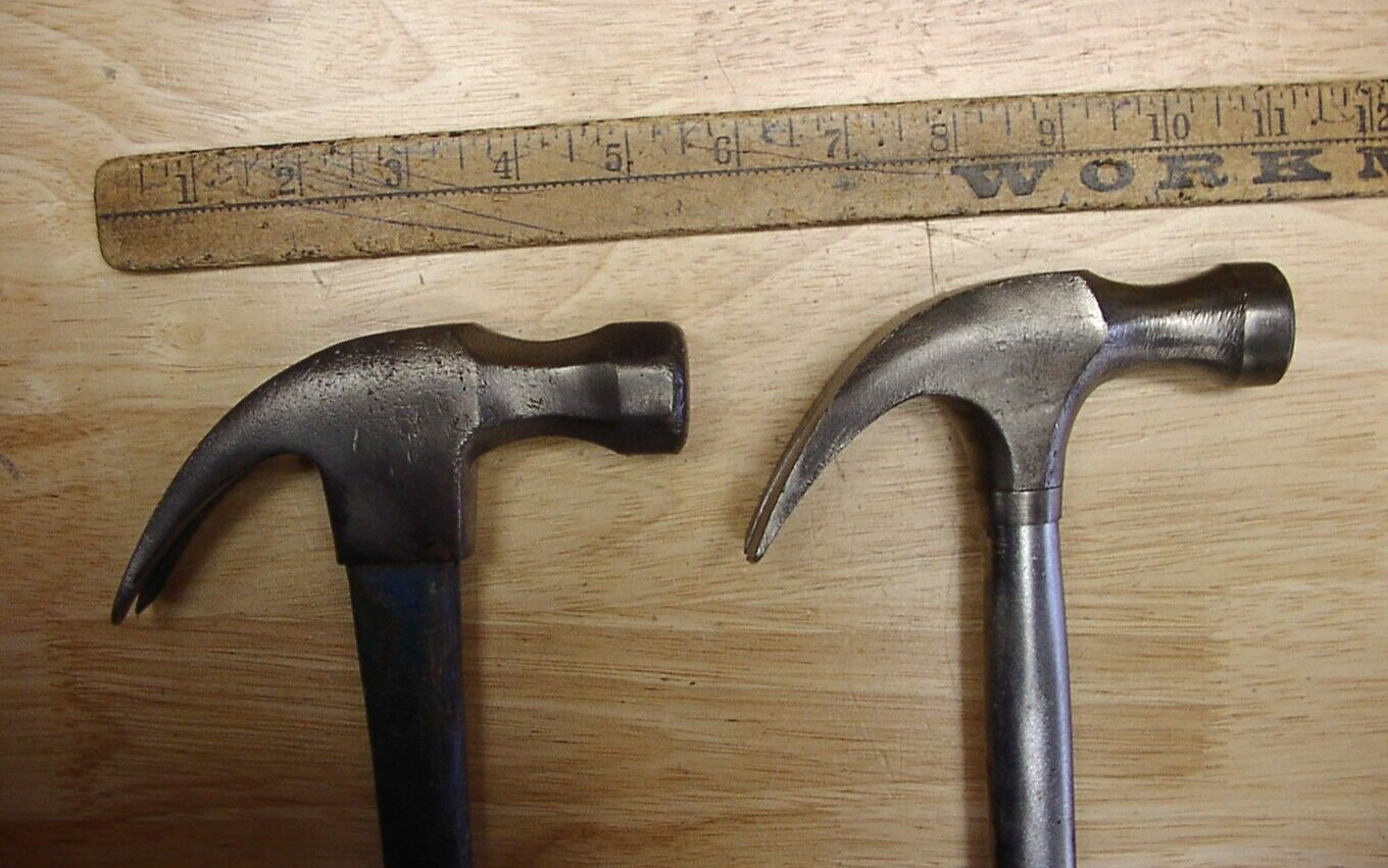 Old Used Tools2 Vntg Stanley Curved Claw Hammers,20 oz. Fiberglass,& 16 oz Steel