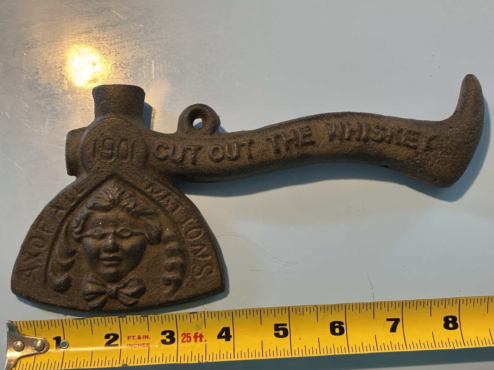 Old 1901 Carrie Nation hatchet/Stove Tool/Cast Iron Ad Prohibition Message