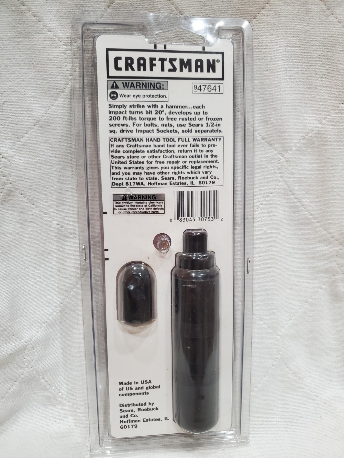 Craftsman 947641 Hand Impact Tool Set w/Chuck & Bits 9-47641 Sears Made USA 1/2”