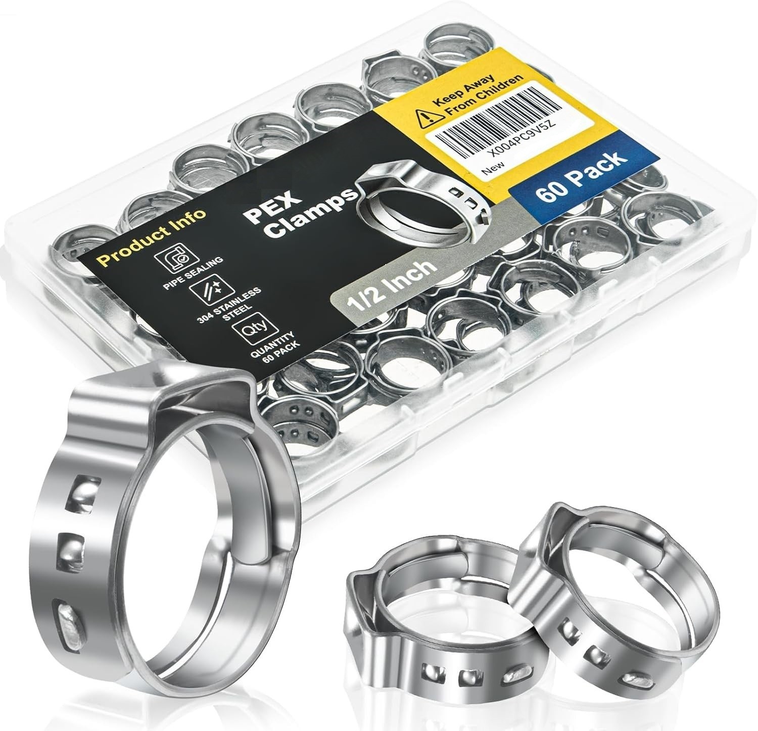 60Pcs 1/2 Inch Pex Cinch Clamps Ring Stainless Steel Single Ear Hose Clamp