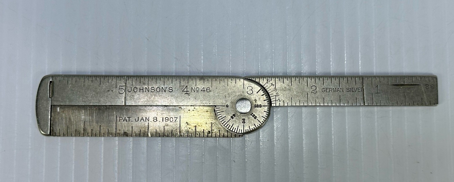ANTIQUE E.P. JOHNSON NO 46 GERMAN SILVER STAMPED CALIPER RULE PROTRACTOR CHICAGO