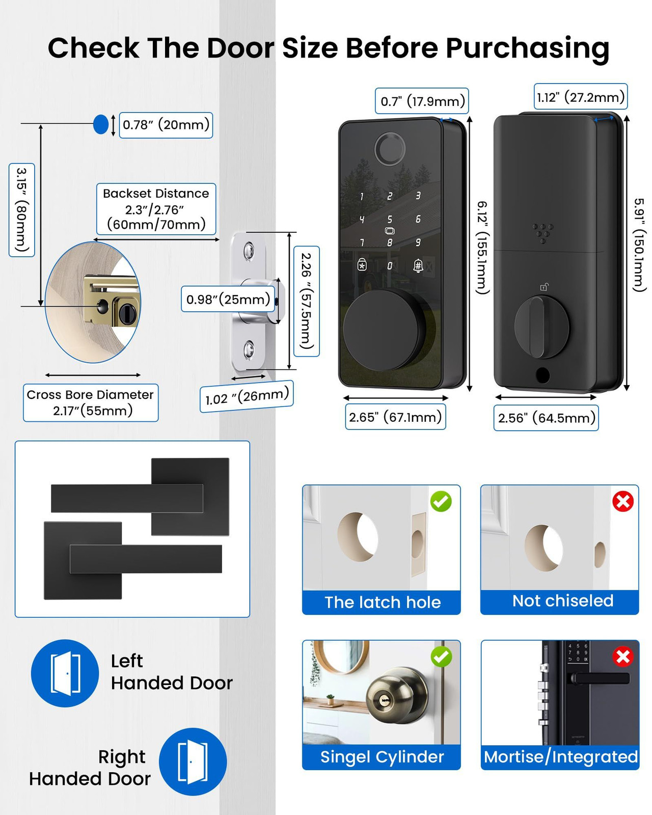 Fingerprint Keyless Entry Door Lock with 2 Handle Set, Smart Glossy Black