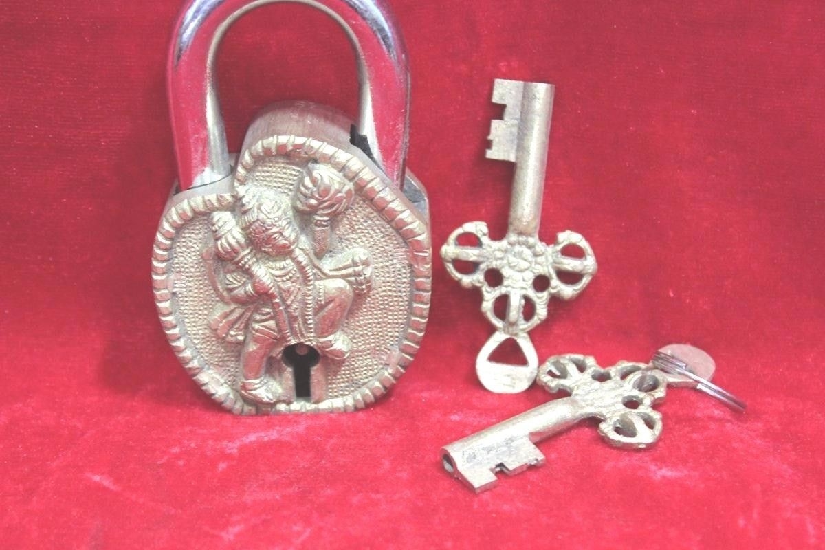 New Brass Lock and 2 Key Hanuman God Faced Engraved Vintage Antique