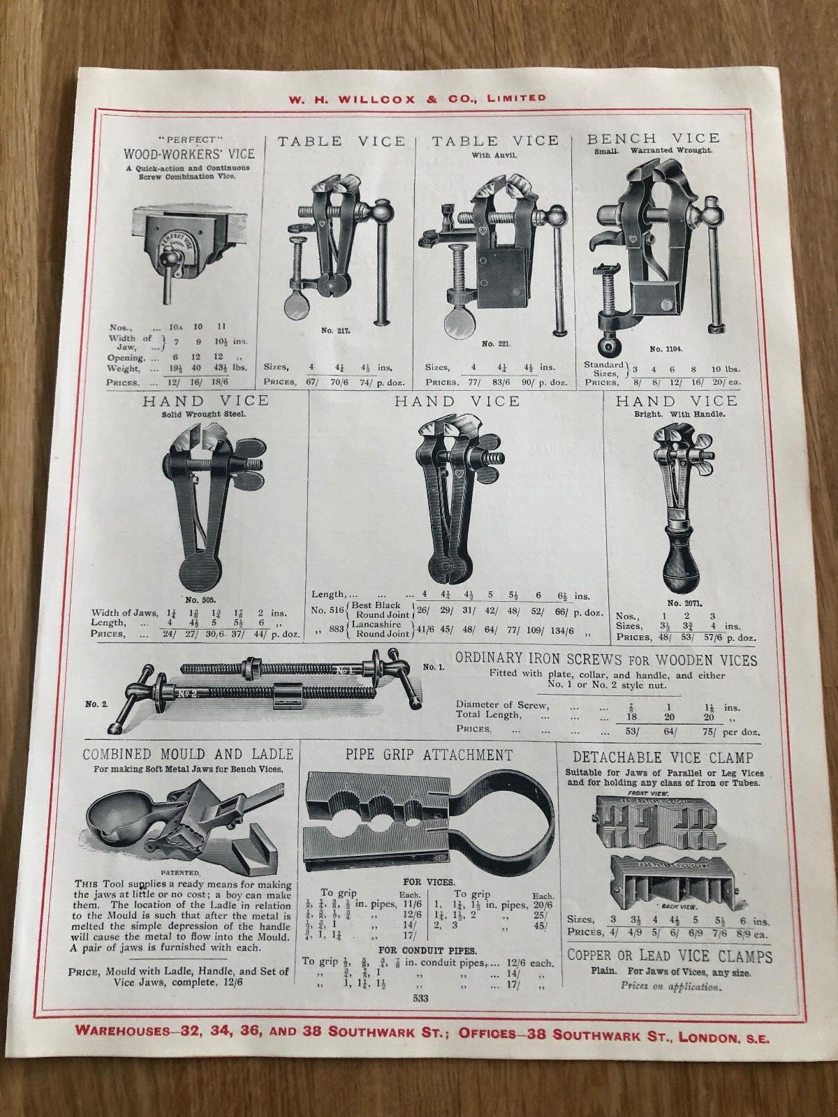 1917 w.h. willcox of london double sided print ! perfect – portable vice stands
