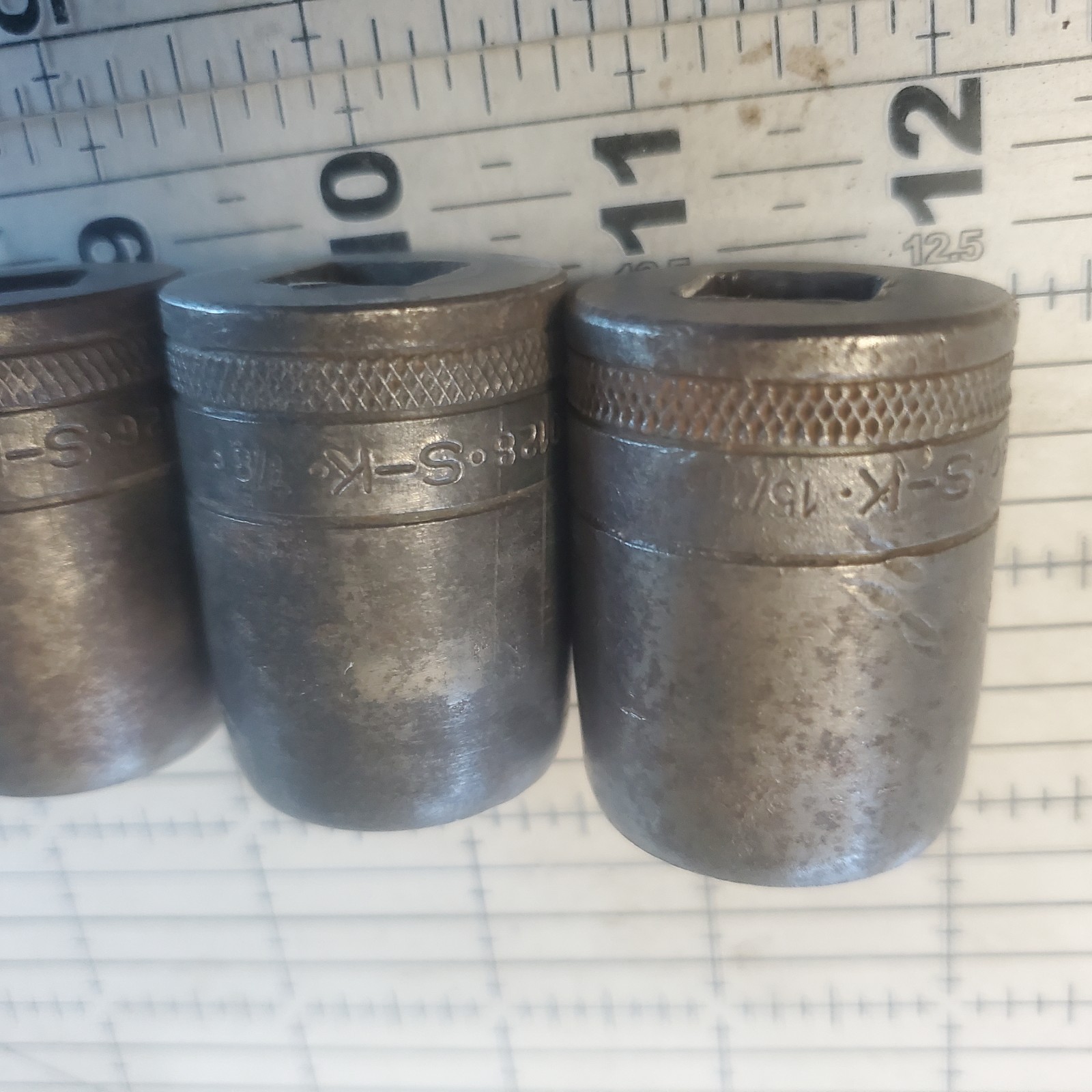 Vintage S-K 1/2″ Knurled Socket Set War Finish Black Oxide USA Tool 15/16 7/8 13