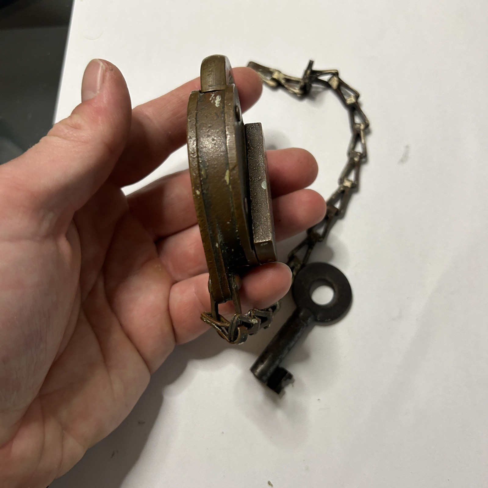 Antique 1897 Padlock w. Key & Chain NY Telephone Co NICE