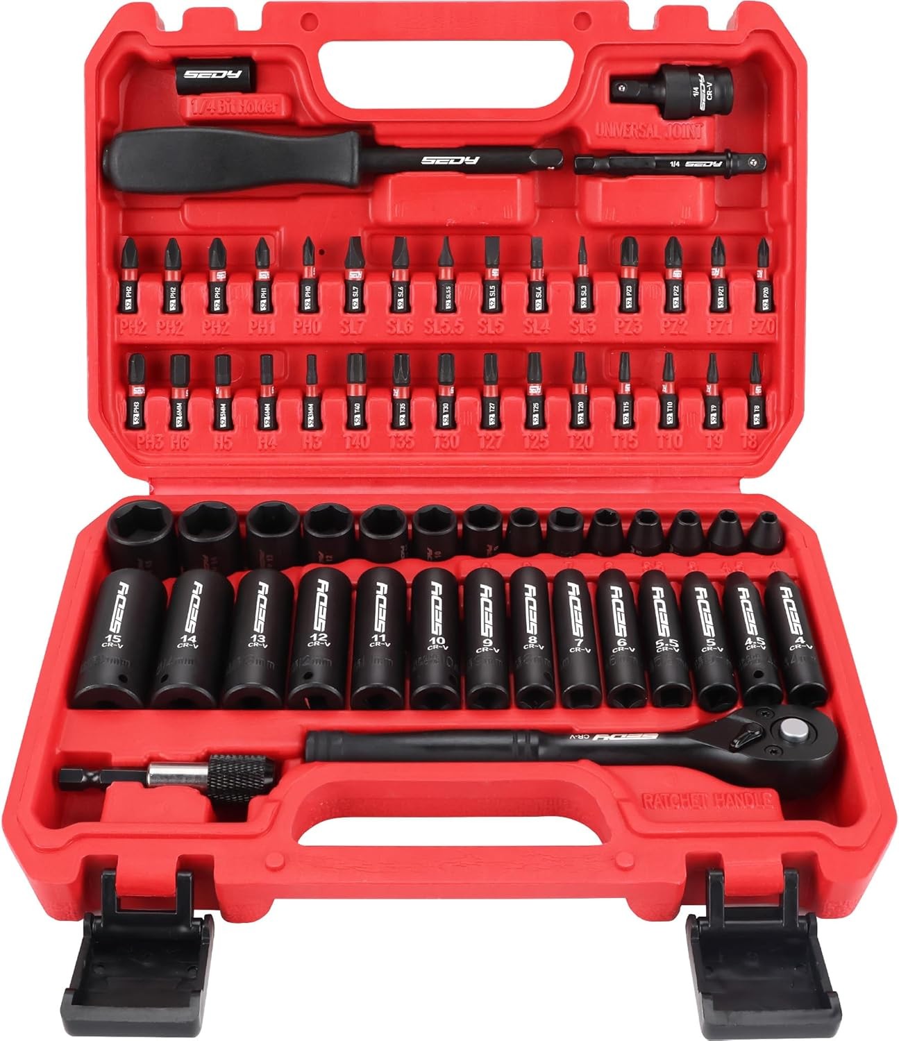 64-Piece 1/4″ Drive Impact Socket Wrench Driver-Bits Set, Cr-V Metric(4-15mm) De