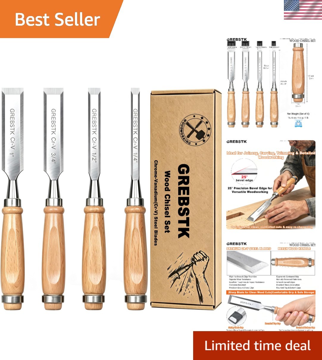 Complete 4 Size Wood Chisel Set with Durable Beech Handles & Protective Covers