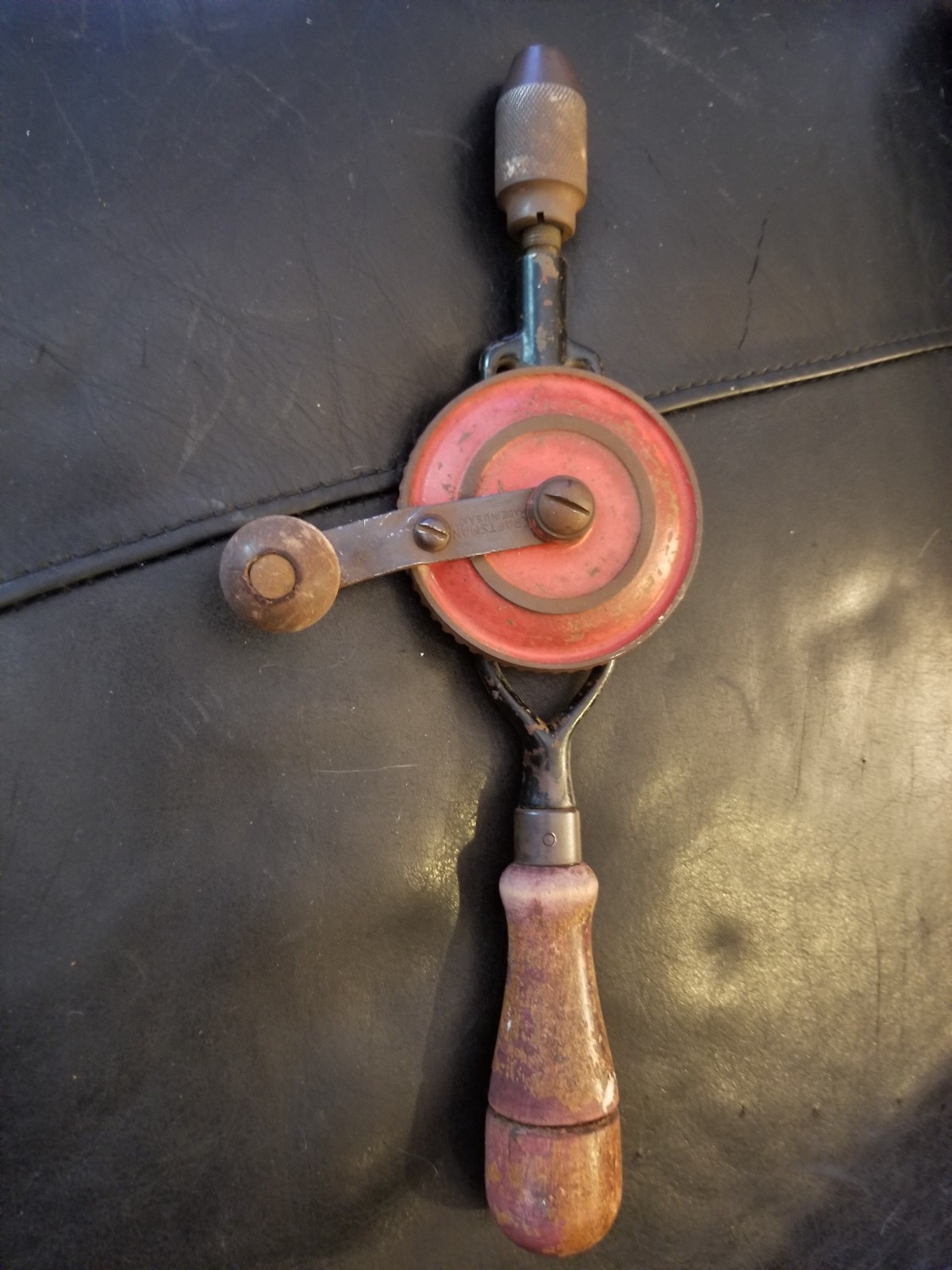 Vintage Craftsman Red Wheel Steel Wooden Handle Hand Crank Drill