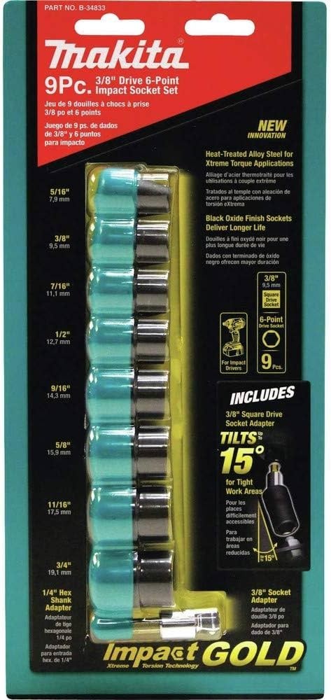 Makita B-34833 Impact GOLD 9Pc. 3/8″ Dr. SAE Socket Set, 15° Damaged Box Adapter