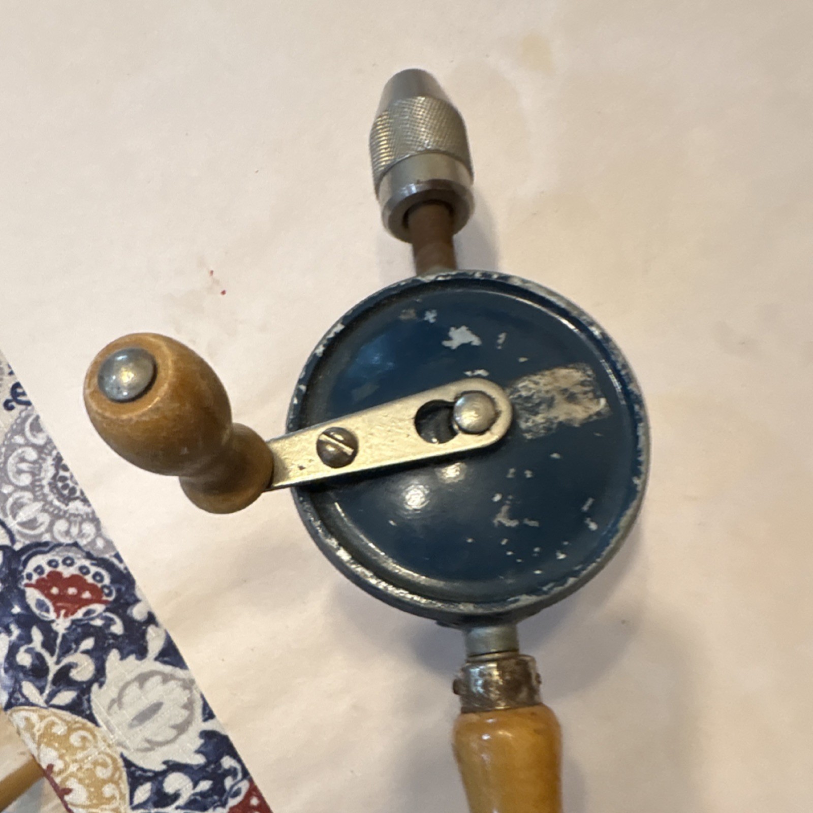 Vintage Original Hand Crank Eggbeater Drill, Blue Metal Body, Wood Handles